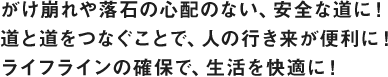 がけ崩れや落石の心配のない、安全な道に！道と道をつなぐことで、人の行き来が便利に！ライフラインの確保で、生活を快適に！